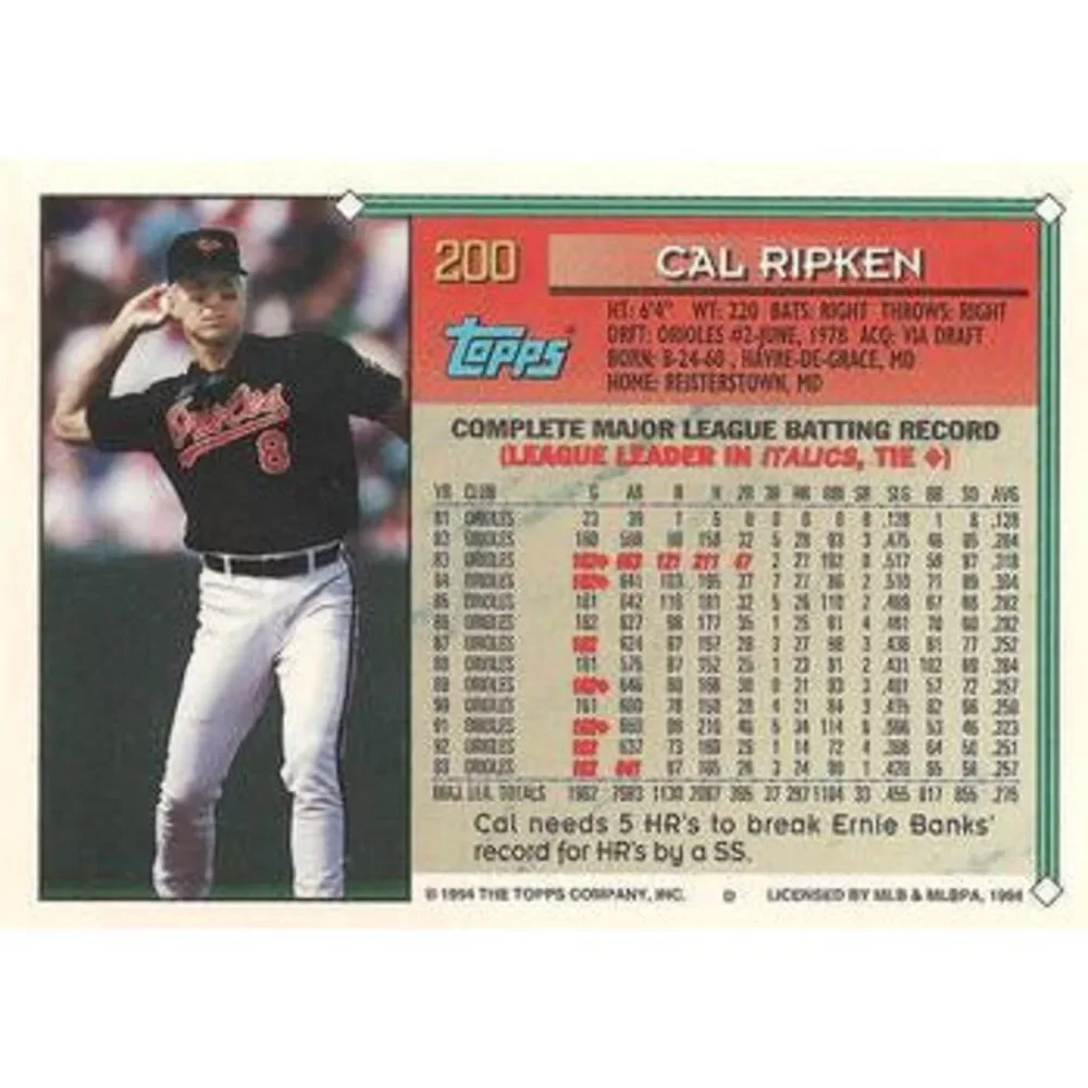 1994 Topps Cal Ripken # 200 Baltimore Orioles